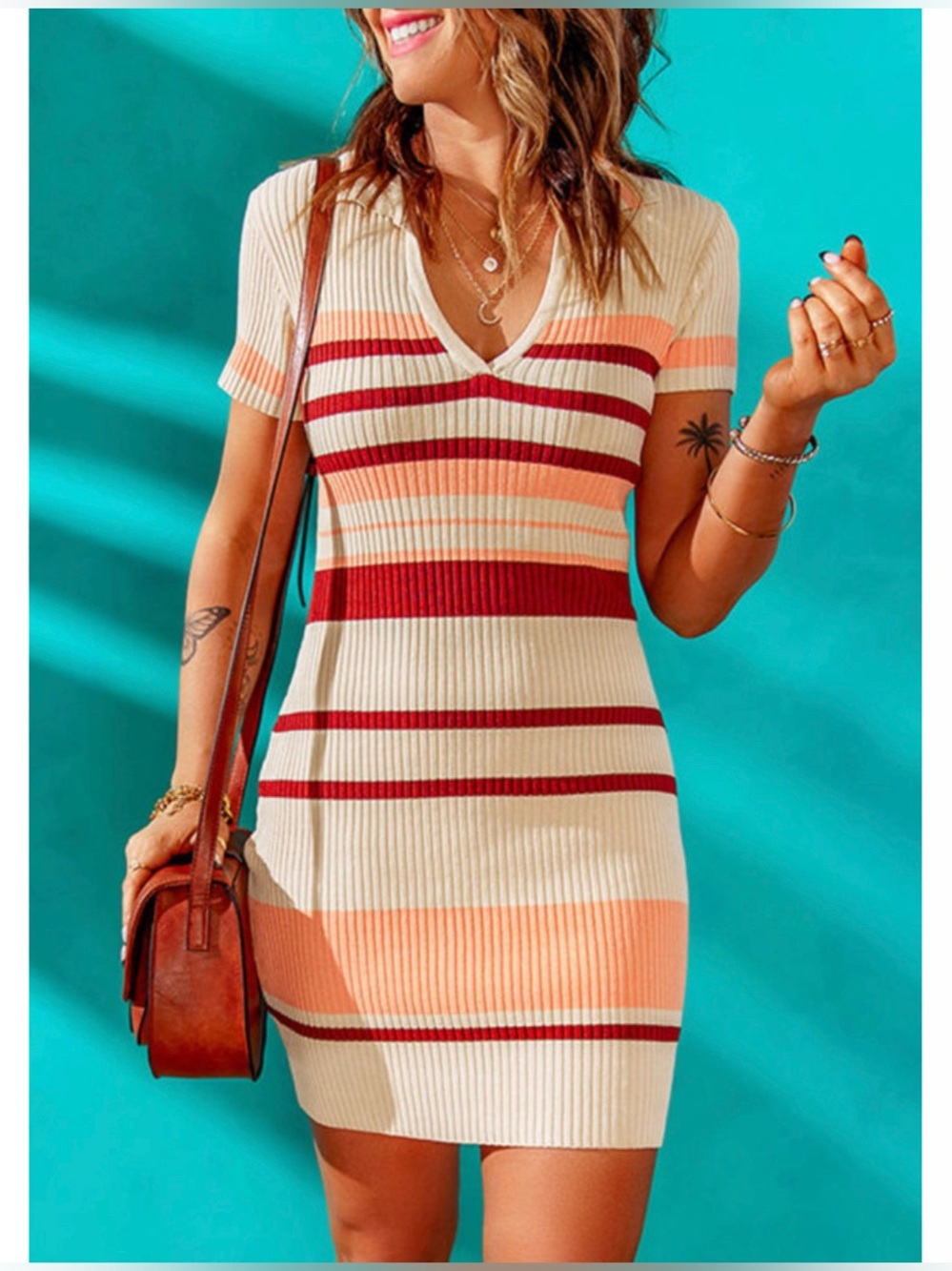 Striped Ribbed Knit V-Neck Bodycon Mini Dress
